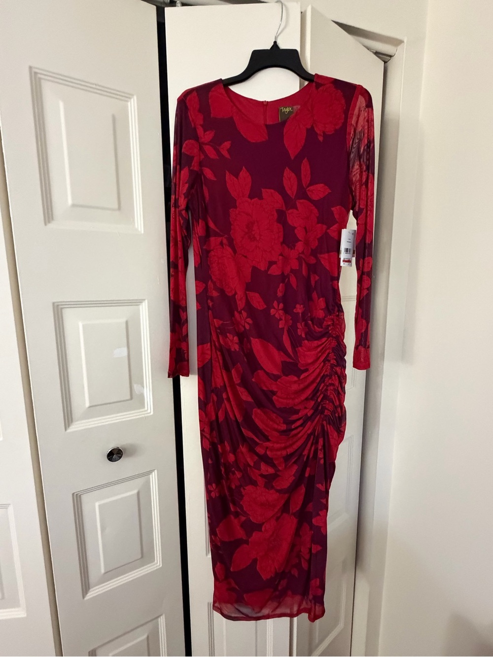 Taylor Red Floral Ruched Long Sleeve Midi Dress
